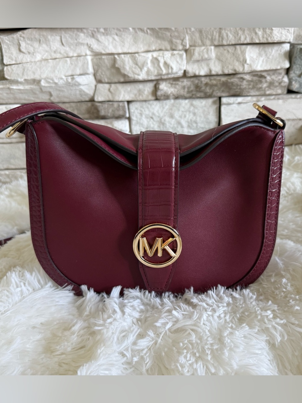 Michael Kors Burgundy Leather Crossbody with Gold MK Emblem